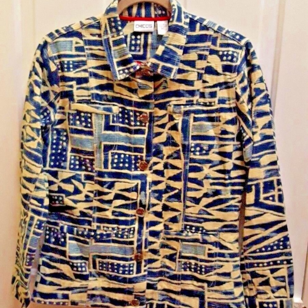 Chico's | Blue + Cream Funky Patterned Jacket 1 M - image 1